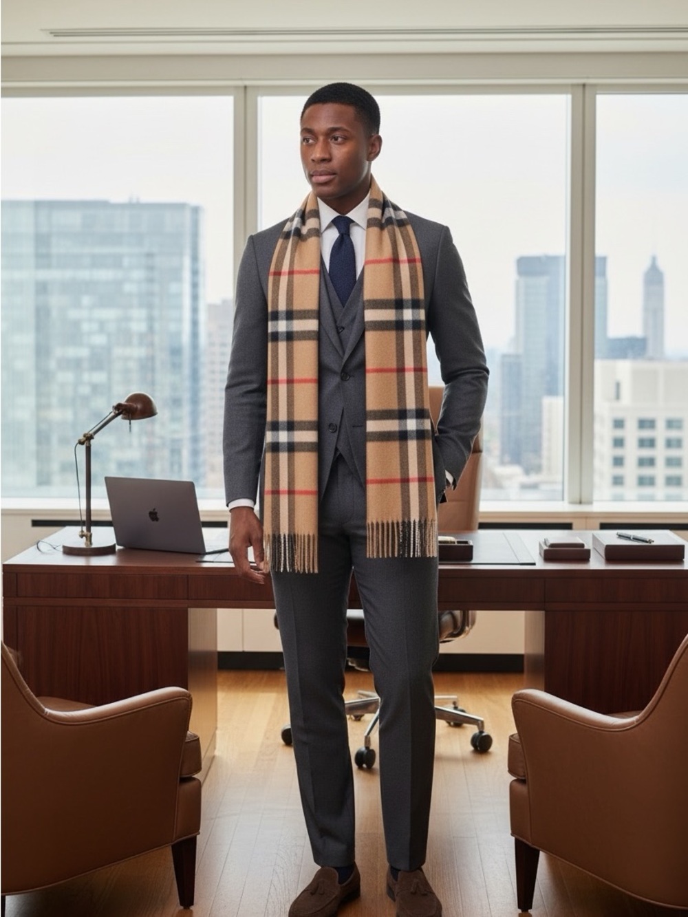 Burberry Camel Plaid Wool Scarf with Black & Red Checks - Picture 3 of 7